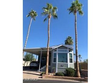 Charming home with tall palm trees, carport, and well-maintained landscaping at 111 S Greenfield Rd # 785, Mesa, AZ 85206