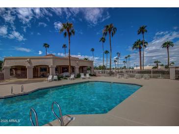 Relaxing pool area with clear blue water and ample seating surrounded by palm trees under a bright blue sky at 9151 W Greenway Rd # 212, Peoria, AZ 85381