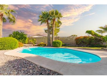 A dazzling swimming pool is surrounded by lush landscaping and palm trees at 325 E Sharon Ave, Phoenix, AZ 85022