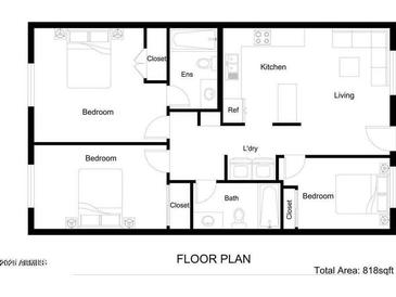 This floor plan shows the three bedrooms, living room, and kitchen of this home, with 818 square feet at 18202 N Cave Creek Rd # 122, Phoenix, AZ 85032