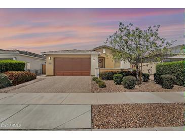 Inviting single-story home with a brown garage door, desert landscaping, and charming curb appeal at 22560 E Rosa Rd, Queen Creek, AZ 85142