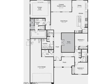 Detailed floor plan showcasing the layout of the home, including the primary suite, great room, and three-car garage at 25109 N 171St Ave, Surprise, AZ 85387