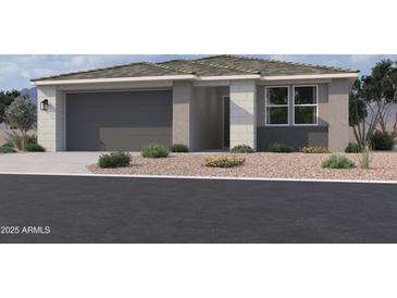 Charming single-story home featuring a gray garage door, desert landscaping, and a welcoming entrance at 7604 W Saddlehorn Rd, Peoria, AZ 85383