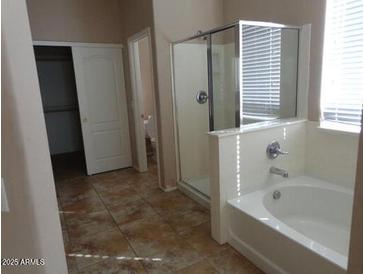 Bright bathroom featuring a glass-enclosed shower and a soaking tub beneath a window at 29797 W Mitchell Ave, Buckeye, AZ 85396