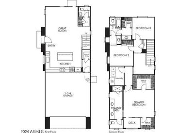 Detailed floor plan showcasing the layout of the home's first and second floor, including garage, bedrooms, and living spaces at 2469 W Rowel Rd, Phoenix, AZ 85085