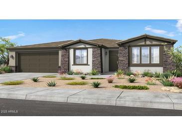 Single-story home with stone accents, desert landscaping, and a two-car garage at 39514 N Kaden Ln, San Tan Valley, AZ 85140