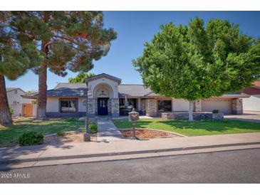 Charming single story home featuring a well-manicured lawn and mature trees in a suburban neighborhood at 2424 E Ivy St, Mesa, AZ 85213