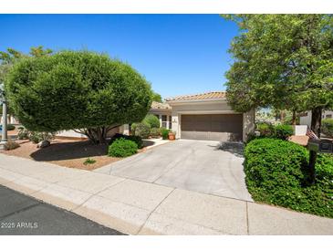 Charming single-story home with a well-maintained lawn, mature trees, and a two-car garage at 13134 W Los Bancos Ct, Sun City West, AZ 85375