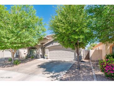 Charming single-story home featuring a well-maintained front yard with mature trees and a two-car garage at 1144 E Elm Rd, San Tan Valley, AZ 85140