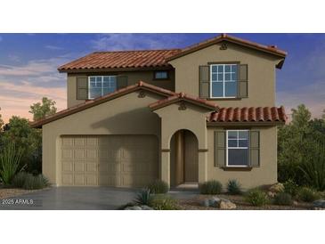 Charming two-story home with a tile roof, neutral stucco exterior and attached two car garage at 7837 E Raleigh Ave, Mesa, AZ 85212