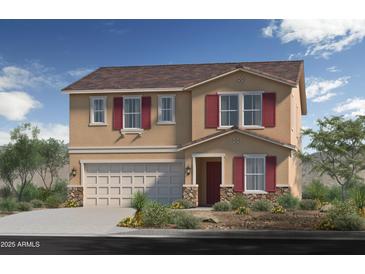 Charming two-story home featuring a two-car garage, desert landscaping, and complementary red shutters at 2727 W La Mirada Dr, Laveen, AZ 85339