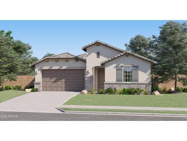 Charming single-story home showcasing a neutral color palette, stone accents, and a well-manicured lawn at 3254 E Ranchhand Dr, San Tan Valley, AZ 85140