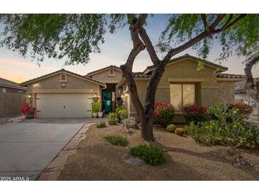 Charming single-story home with desert landscaping, a two car garage, and a beautiful tree at 10130 S 185Th Dr, Goodyear, AZ 85338