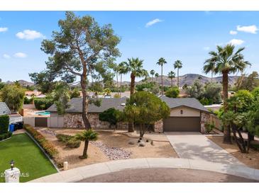 Charming single-story home features a stone facade, mature landscaping, and a well-manicured front yard with palm trees at 211 W Braeburn Dr, Phoenix, AZ 85023
