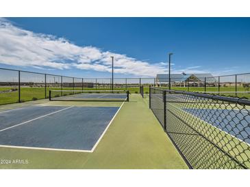 View of a well-maintained pickleball court surrounded by a black chainlink fence on a sunny day with clear blue skies at 2952 E Lucky Horseshoe Ln, San Tan Valley, AZ 85140