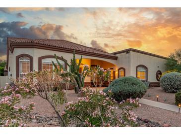 Lovely home with a colorful desert garden, stucco exterior, and beautiful sunset at 3001 E Winchcomb Dr, Phoenix, AZ 85032