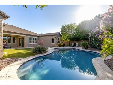 Sparkling backyard pool surrounded by lush, mature landscaping and a green yard at 22290 E Escalante Rd, Queen Creek, AZ 85142