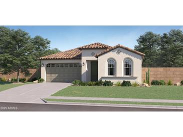 Charming single-story home featuring a classic stucco exterior and well-manicured lawn at 8142 E Petra Ave, Mesa, AZ 85212