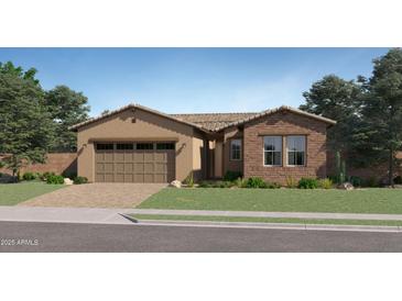 Charming single story home featuring a 2-car garage, desert landscaping, and neutral stucco and stone exterior at 919 W Peralta Pass, Apache Junction, AZ 85120