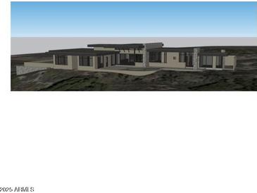Modern home with stone accents, dark trim windows, and flat roof is set on a desert landscape at 9804 E Running Deer Trl, Scottsdale, AZ 85262