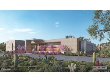 Contemporary home with desert landscaping, pink flowering bushes, and covered entry at 9828 E Running Deer Trl, Scottsdale, AZ 85262