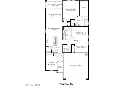 Layout of the home featuring bedrooms, bathrooms, kitchen, living, and outdoor spaces at 38115 W Excussare Way, Maricopa, AZ 85138