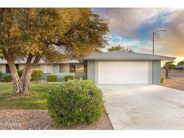 Charming single-story home features a two-car garage, mature landscaping, and a well-manicured lawn at 12739 W Prospect Dr, Sun City West, AZ 85375