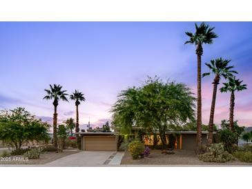 Charming single-story home with desert landscaping and mature palm trees at dusk at 3146 W Paradise Dr, Phoenix, AZ 85029