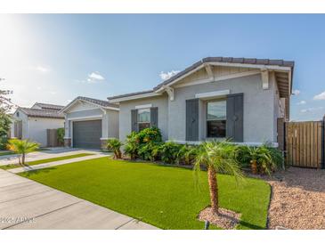 Charming single-story home featuring a landscaped front yard with artificial turf and a gray stucco exterior at 22858 E Silver Creek Ln, Queen Creek, AZ 85142