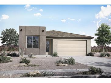 New construction single-story home featuring a two-car garage, desert landscaping, and a modern design at 26682 S 230Th St, Queen Creek, AZ 85142