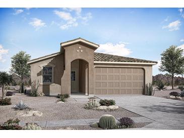 Charming single-story home featuring desert landscaping, neutral stucco exterior, and attached two-car garage at 26718 S 230Th St, Queen Creek, AZ 85142
