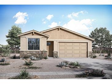 Charming single-story home with a two-car garage and well-maintained desert landscaping, showcasing its inviting curb appeal at 26736 S 230Th St, Queen Creek, AZ 85142