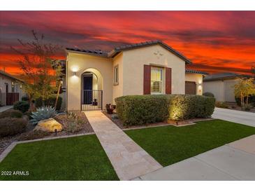 Charming single-story home with manicured lawn, desert landscaping, and beautiful stone walkway at 29344 N 132Nd Ln, Peoria, AZ 85383
