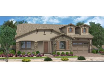 Charming single-Gathering home showcasing stone accents, neutral color palette, and inviting curb appeal in a desirable location at 22980 E Raven Dr, Queen Creek, AZ 85142