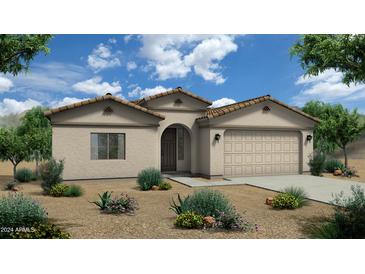 Charming single-story home with a tile roof, arched entry, and well-maintained desert landscaping at 2506 N Pony Ln, Casa Grande, AZ 85122