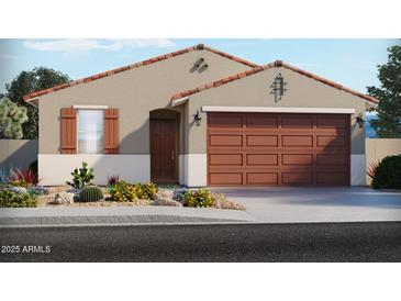Inviting single-story home showcasing a two-car garage, desert landscaping, and a covered entryway at 37139 W Prado St, Maricopa, AZ 85138