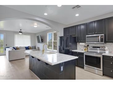Modern kitchen featuring black cabinets, stainless steel appliances and a large island with stone countertop at 3687 E Leslie Dr, Gilbert, AZ 85296