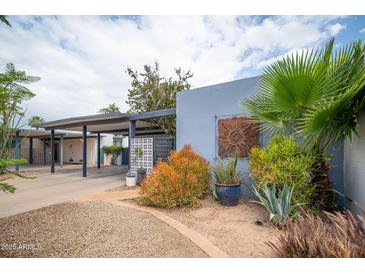 Charming single-story home featuring mature landscaping, covered parking, and decorative exterior accents at 6206 E Avalon Dr, Scottsdale, AZ 85251
