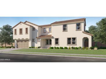 Charming two-story home with neutral stucco, tile roof, landscaped front yard, and an attached two-car garage at 10049 E Ulysses Ave, Mesa, AZ 85212