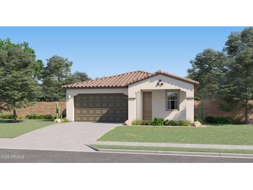 Charming single-story home showcasing a well-manicured front yard and a two-car garage at 3283 E Outlaw Ln, San Tan Valley, AZ 85140