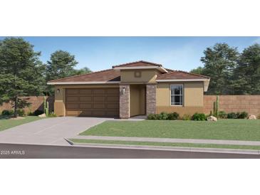 Charming single-story home with a two-car garage, desert landscaping, and a mix of stucco and stone accents at 8154 E Petra Ave, Mesa, AZ 85212