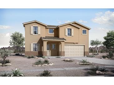 Charming two-story home with a neutral color scheme, shuttered windows and a desert landscape at 23056 E Watford Dr, Queen Creek, AZ 85142