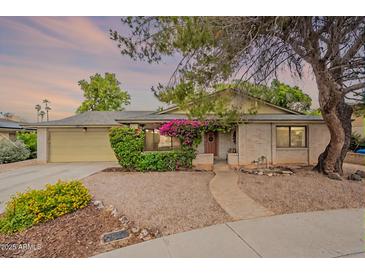 Charming single-story home featuring a landscaped front yard with mature trees and vibrant flowering bushes at 1708 E Westchester Dr, Tempe, AZ 85283