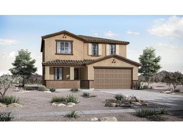 Charming two-story home featuring a two-car garage and desert landscaping, creating an inviting curb appeal at 23001 E Diana Way, Queen Creek, AZ 85142