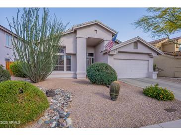 Charming single-story home featuring desert landscaping, an attached two-car garage, and an American flag at 31017 N 41St Pl, Cave Creek, AZ 85331