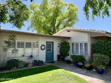 Charming single-story home featuring a blue front door, lush landscaping, and well-maintained lawn at 4800 N 68Th St # 164, Scottsdale, AZ 85251