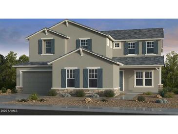 Charming two-story home featuring a stone-accented facade, gray siding, and complementary shutters at 20486 E Via Del Jardin --, Queen Creek, AZ 85142
