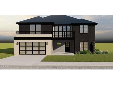 Modern two-story home featuring a two-car garage, private balcony, and manicured landscaping at 3423 E Campbell Ave, Phoenix, AZ 85018