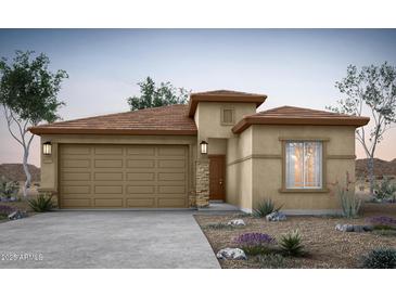 Charming single-story home featuring a two-car garage, a tiled roof, and desert landscaping in a warm, inviting color palette at 42900 W Peters Dr, Maricopa, AZ 85138