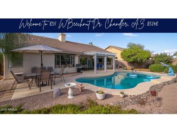 Relaxing backyard featuring a refreshing pool, covered patio, and outdoor dining area, perfect for entertaining guests at 835 W Beechnut Dr, Chandler, AZ 85248